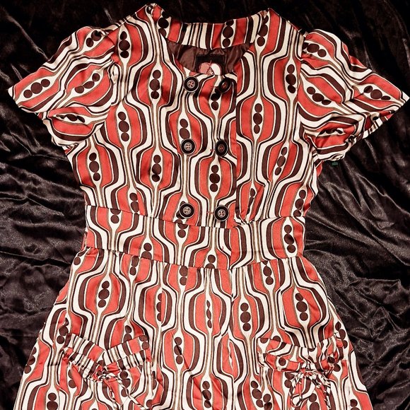 Earthtone Geometric Tribal Satin Short Sleeve A-Line Dress Orange Browm Tan - Picture 1 of 6
